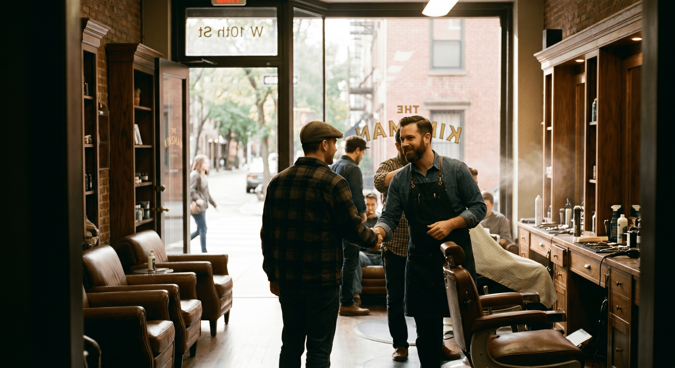 A customer being welcomed into The Kinsman barbershop in the West Village