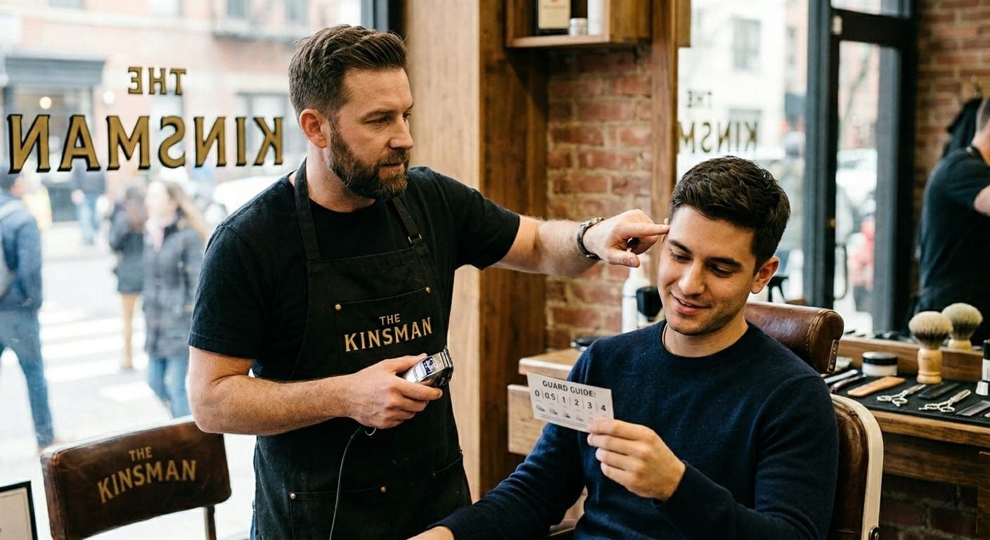 A Kinsman barber mid-conversation with a client at the chair in the West Village shop, pointing to a guide showing skin fade guard numbers and transition heights