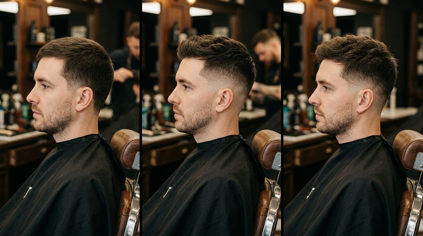 Three side-profile photos stitched together comparing a taper fade, skin fade, and mid fade haircut cut at The Kinsman Barber Shop in West Village Manhattan