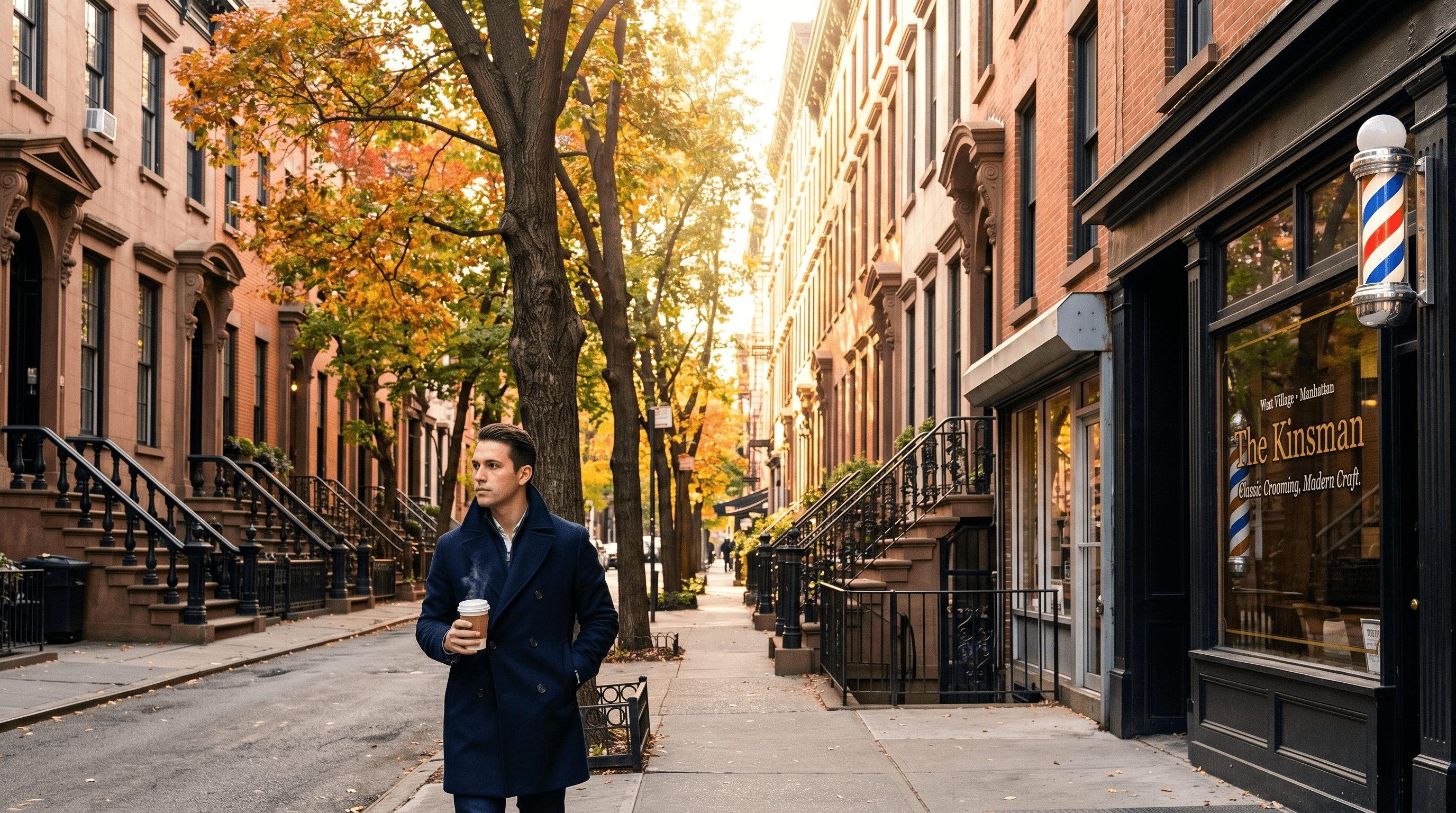 A man walking down a tree-lined West Village street on West 10th, with brownstones and The Kinsman barbershop in view
