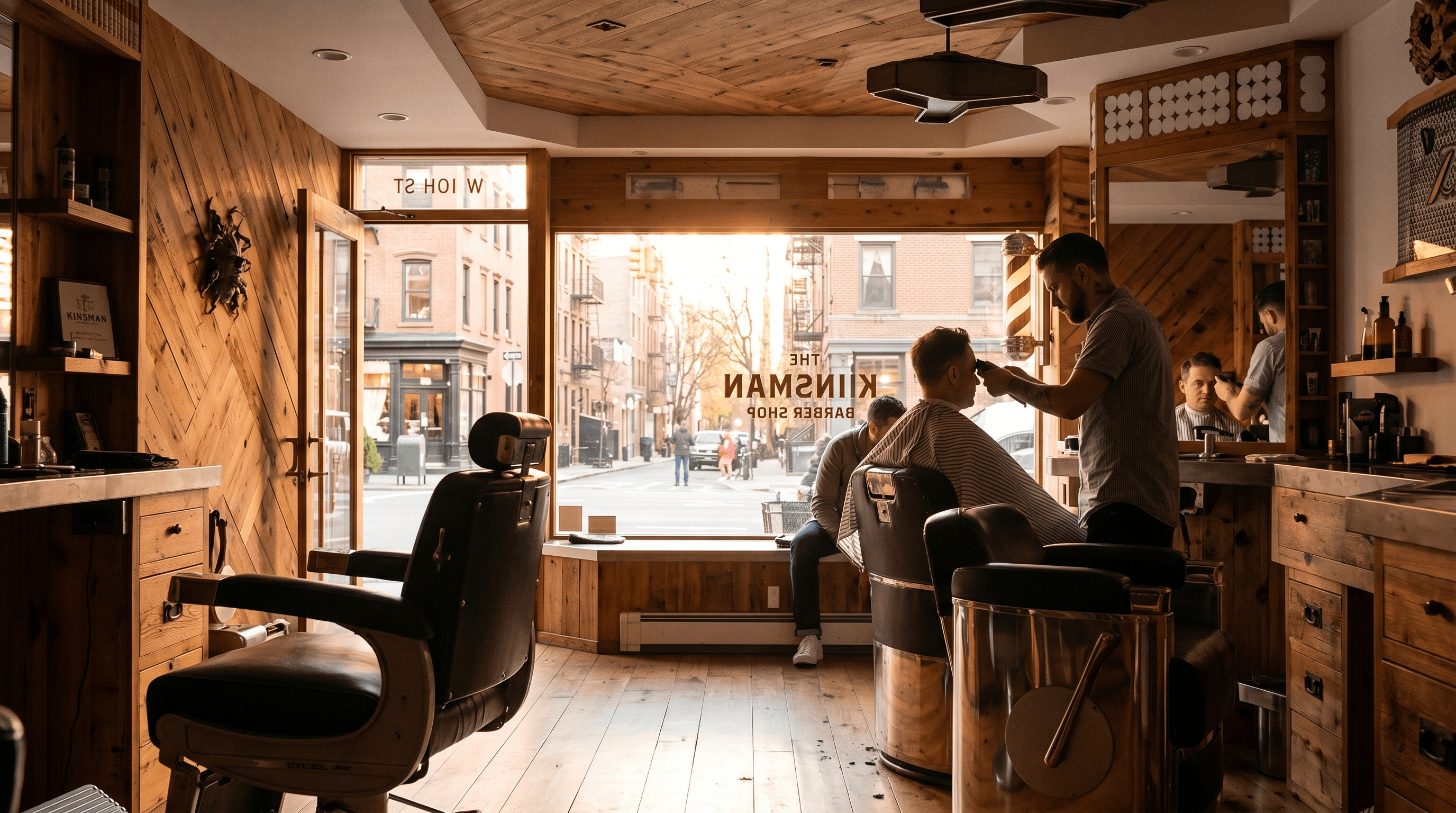 Interior of The Kinsman barbershop in the West Village with barber working at a classic chair